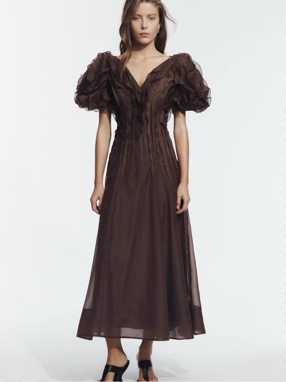 Aje Seraphina Chocolate Ruffle Puff Sleeve V Neck Midi Dress NWOT